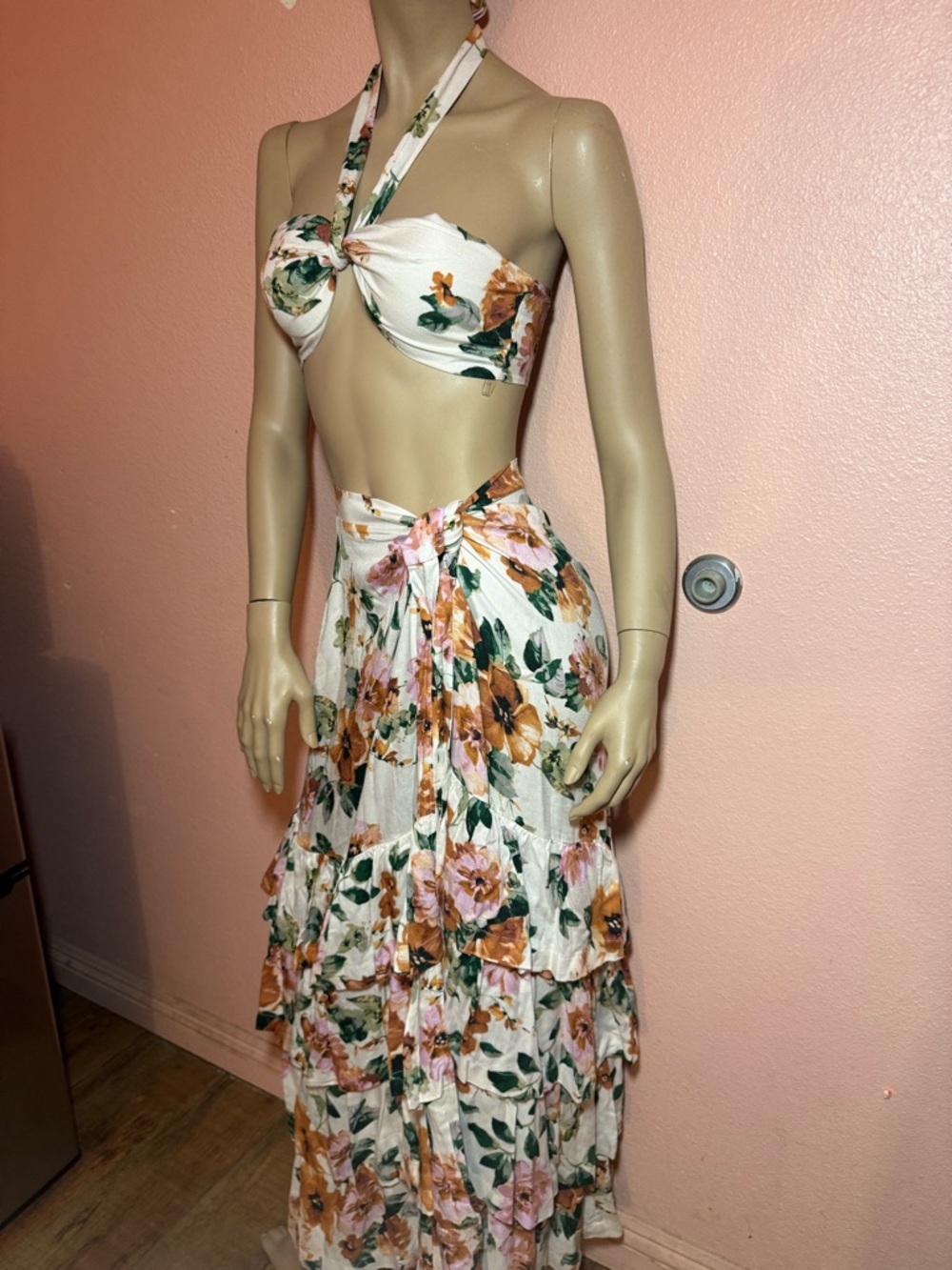 Floral Halter Maxi Dress in White with Pink & Mustard Blooms